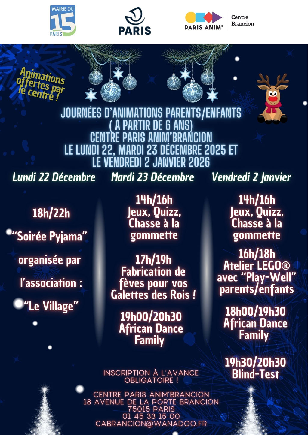 Journées d'animations parents-enfants au centre d'animation Brancion Paris 15 le lundi 22, mardi 23 Décembre 2025 et vendredi 2 janvier 2026
