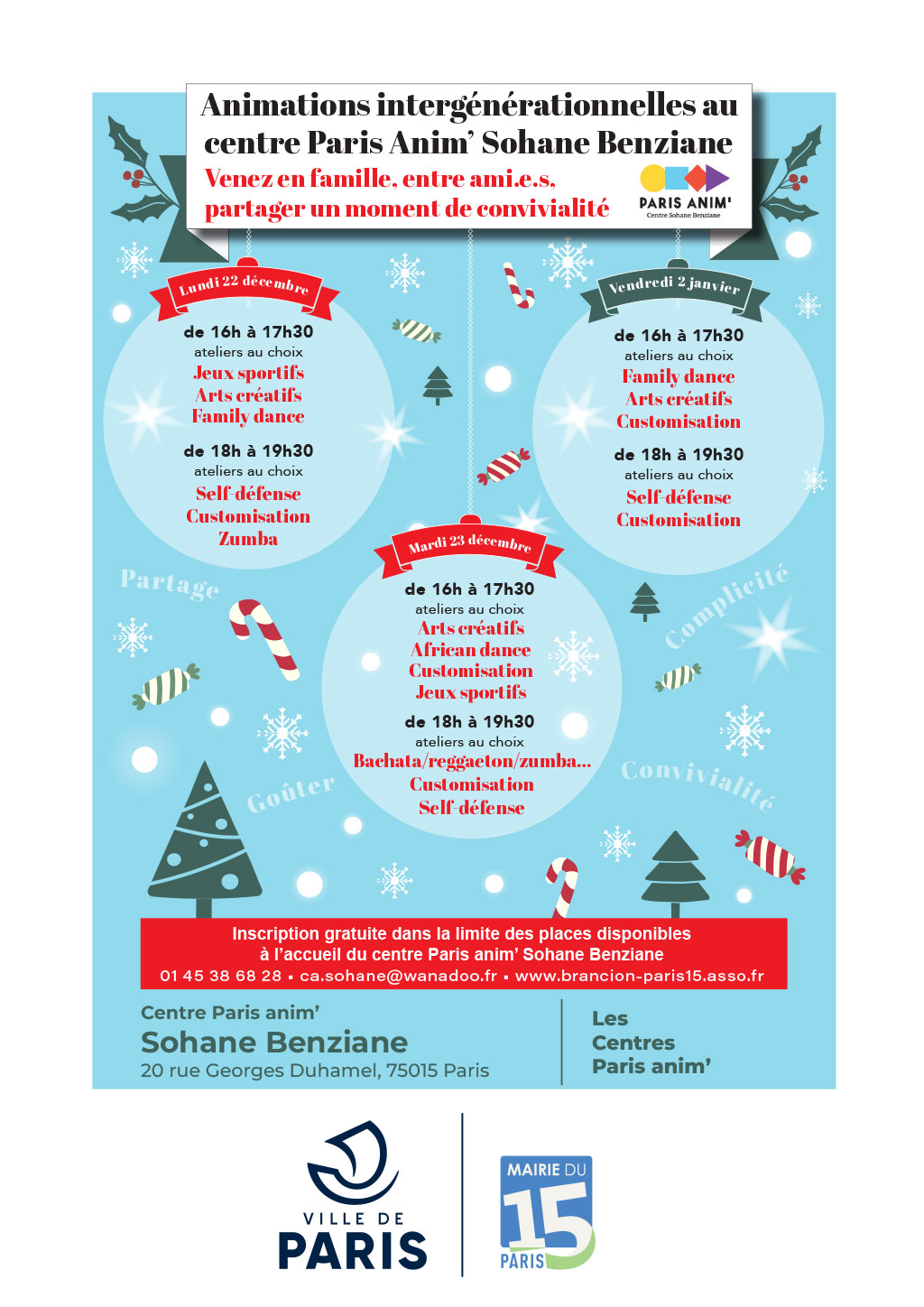 Journées d'animations intergénérationnelles au centre d'animation Sohane Benziane Paris 15 le lundi 22, mardi 23 Décembre 2025 et vendredi 2 janvier 2026