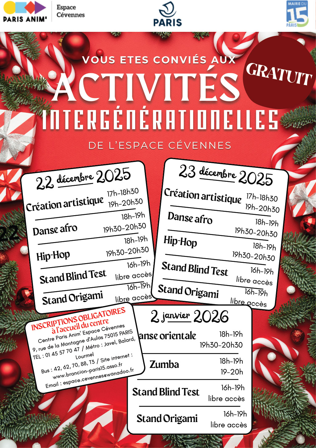 Journées d'animations intergénérationnelles au centre d'animation Espace Cévennes Paris 15 le lundi 22, mardi 23 Décembre 2025 et vendredi 2 janvier 2026