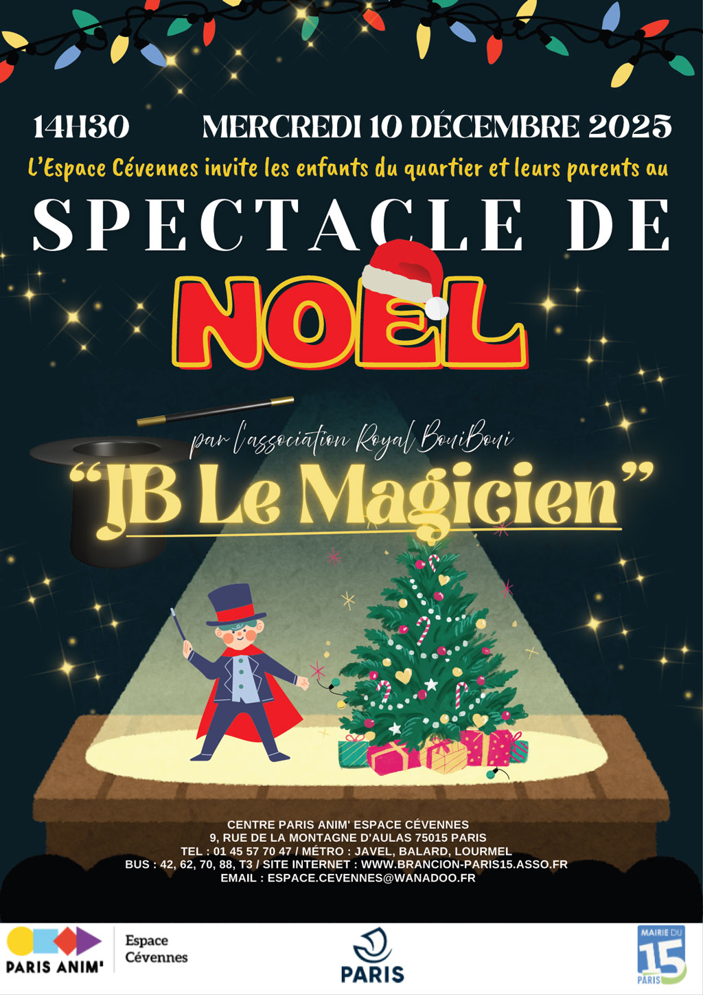 Spectacle de noël 2025 le 10 décembre au centre Espace Cévennes Paris 15