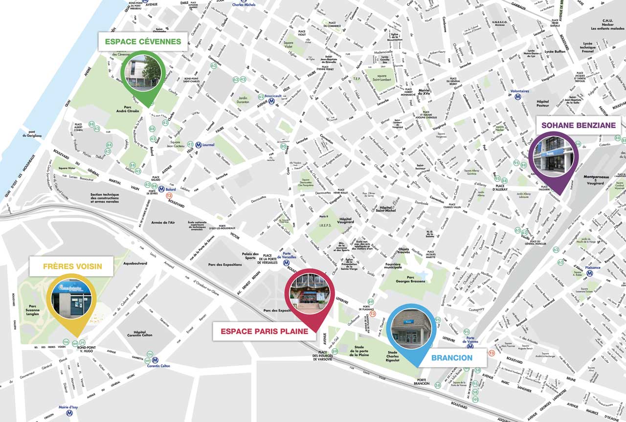 Plan des centres de la MJC Brancion Paris 15, Brancion, Espace Cévennes, Sohane Benziane, Frères Voisin et Espace Paris Plaine