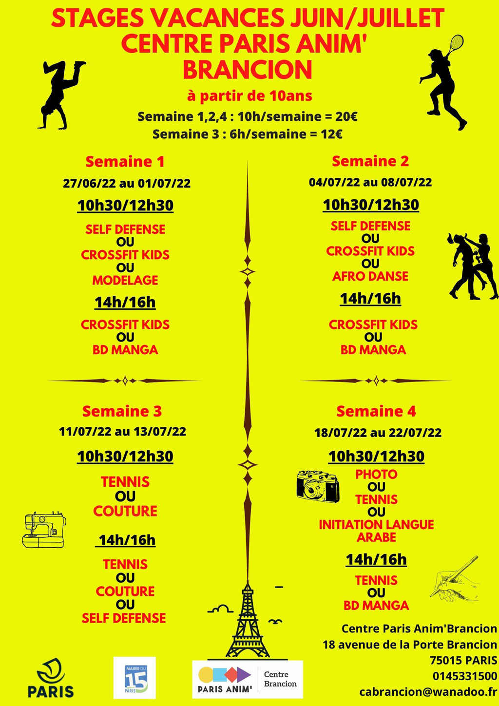 Stage adolescents - Tennis, BD, self-defense, modelage, danse africaine, initiation à la langue arabe - Centre Brancion Paris 15 - Juin-Juillet 2022