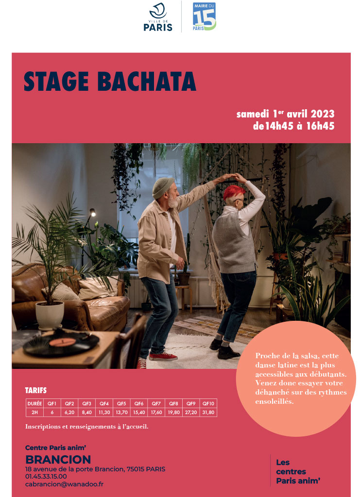 Stage de bachata au centre PARIS ANIM' 15eme arrondissement Brancion en avril 2023