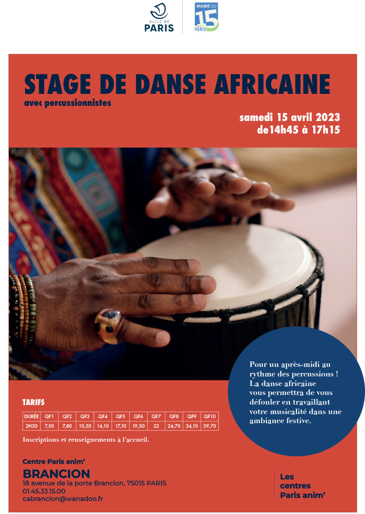 Stage de danse africaine du centre PARIS ANIM' 15eme arrondissement Brancion en avril 2023