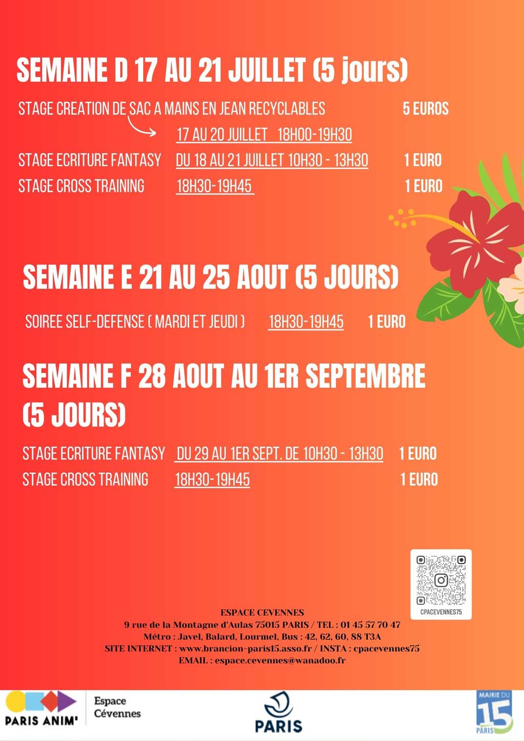 Stages pas chers vacances juillet aout 2023 pour les jeunes adultes au centre PARIS ANIM' Espace Cévennes