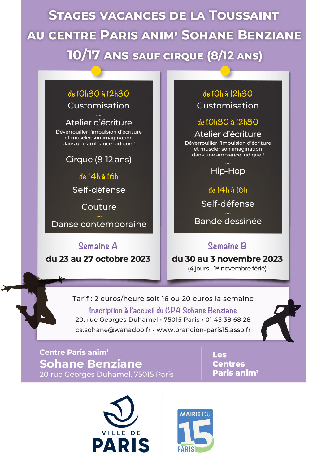 Stages pour adolescents au centre Sohane Benziane PARIS ANIM' 15 pour les vacances de Toussaint du 23 octobre au 3 novembre 2023