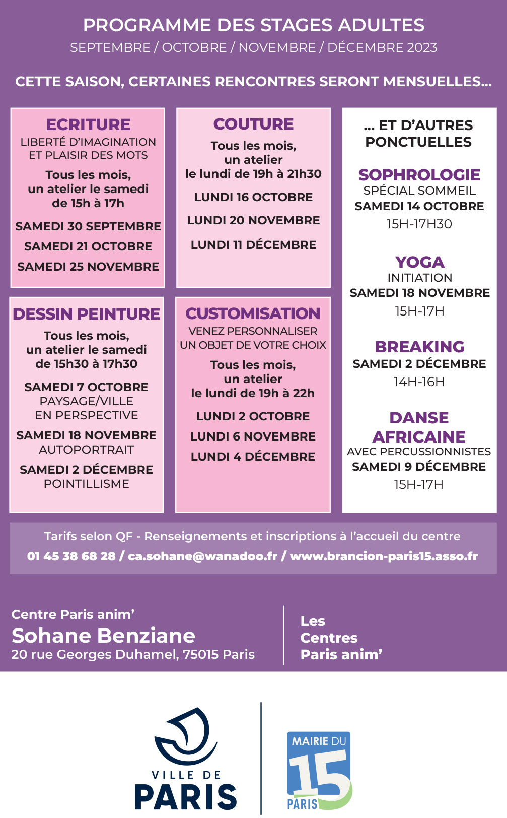 Stages adultes d'écriture, yoga,dessin peinture, sophrologie, customisation au centre PARIS ANIM' Soahne Benziane