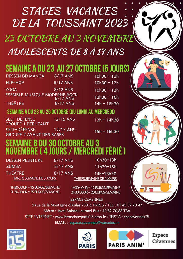 Stages pour adolescents à l'Espace Cévennes PARIS ANIM' 15 du 23 octobre au 3 novembre 2023