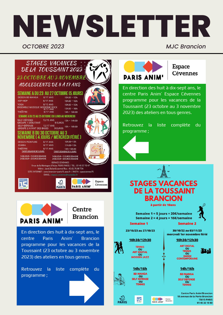 Newsletter MJC Brancion octobre 2023 centres Cévennes et Brancion