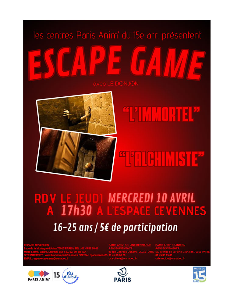 Escape Game le 10 avril 2024 pour les jeunes adultes au centre Espace Cévennes