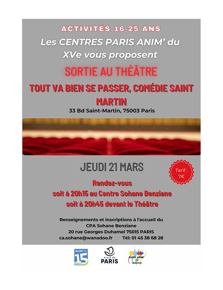 Sortie au théâtre de la Comédie Saint-Martin avec le centre Sohane Benziane le 21 mars 2024