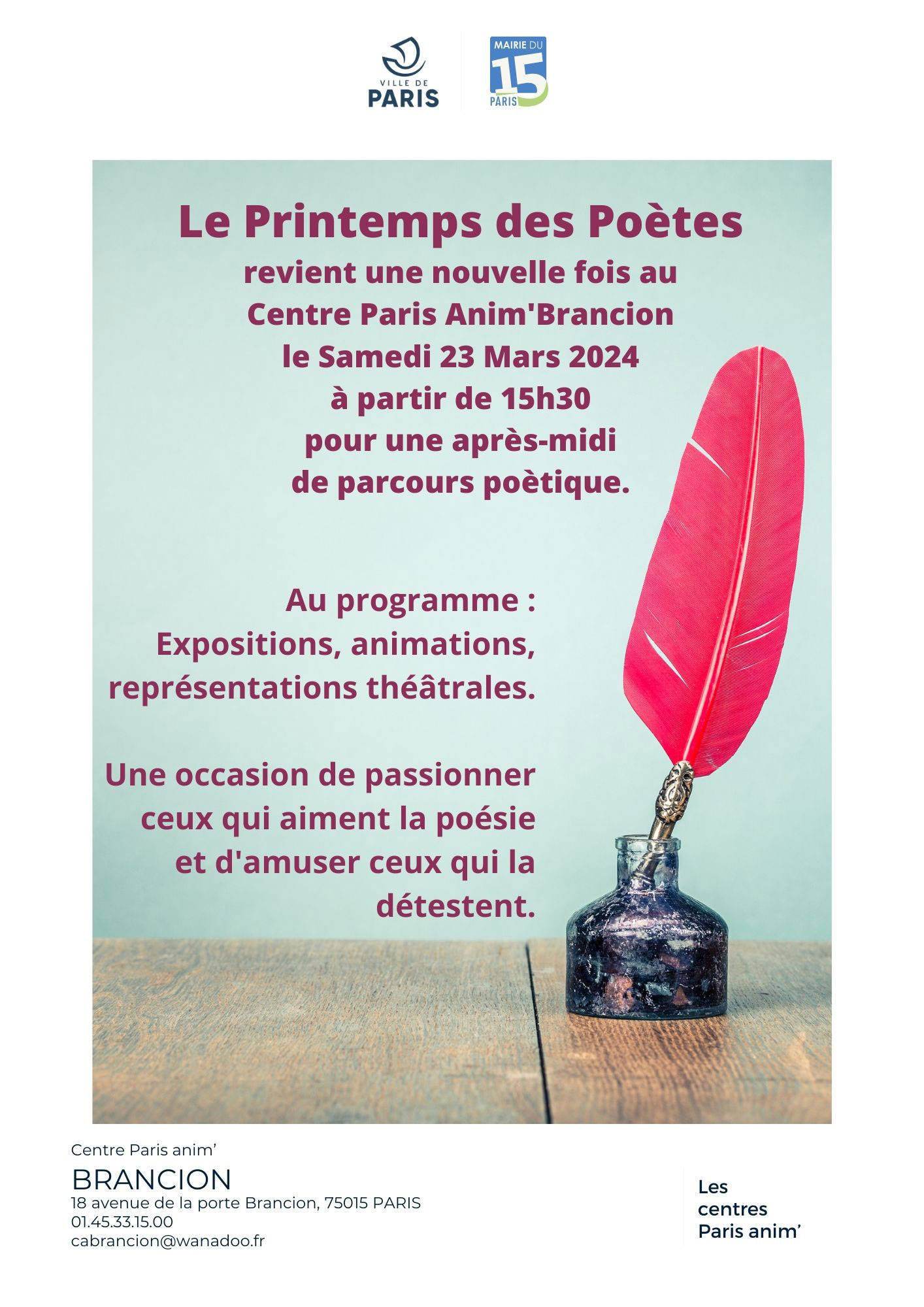 Le printemps des poètes revient au centre Brancion Paris 15 le samedi 23 mars