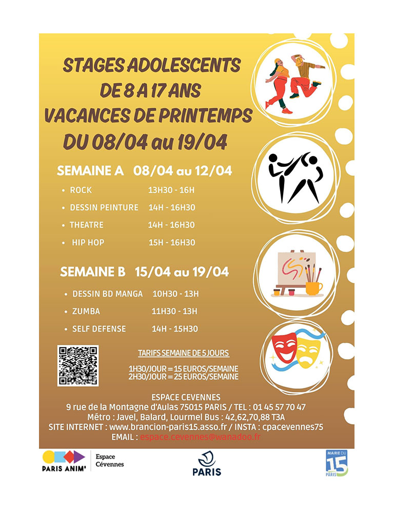 Stages pour adolescents au centre Espace Cévennes PARIS ANIM' 15 pour les vacances de printemps du 8 au 19 avril 2024