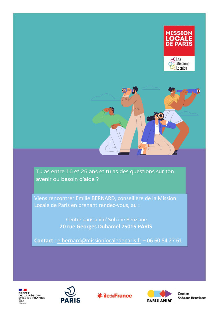 Viens rencontrer Emilie BERNARD, conseillère de la Mission Locale de Paris, sur rendez-vous, au centre PARIS ANIM' Soahne Benziane
