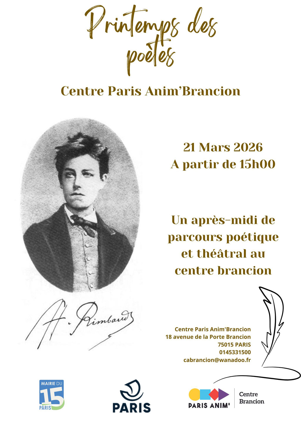 Le printemps des poètes aura lieu le 21 mars 2026 à partir de 15h au centre Brancion Paris 15