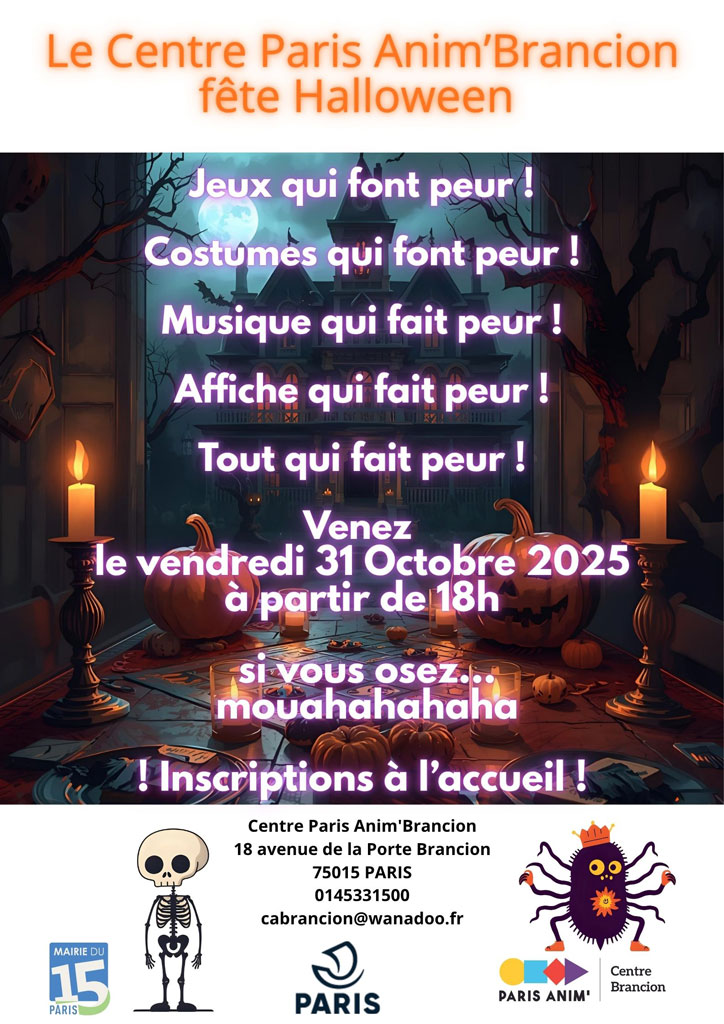 Soirée Halloween le 31 octobre 2025 au centre PARIS ANIM' Brancion