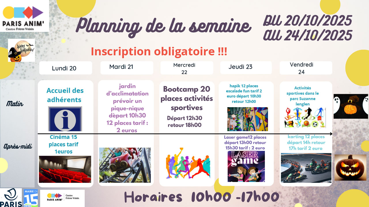 Activités pour adolescents au centre Frères Voisin PARIS ANIM' 15 pour les vacances de Toussaint du 20 au 24 octobre 2025