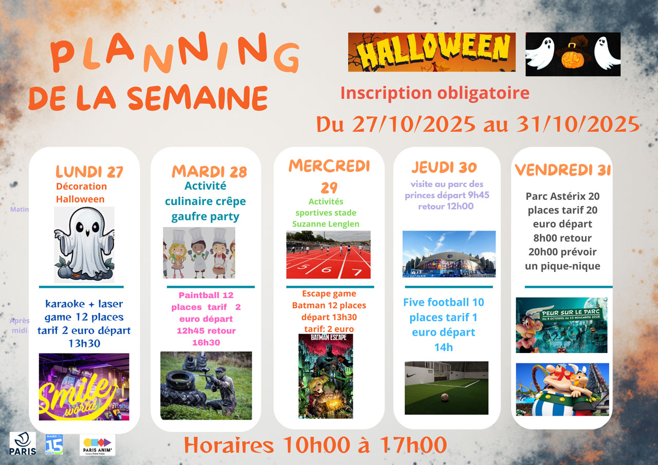 Activités pour adolescents au centre Frères Voisin PARIS ANIM' 15 pour les vacances de Toussaint du 27 au 31 octobre 2025