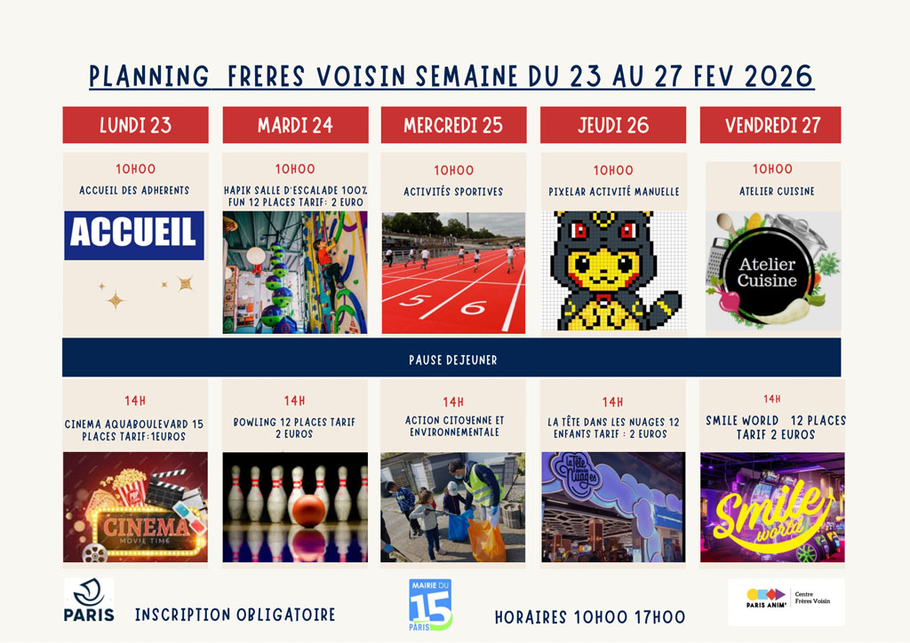 Activités pour adolescents au centre Frères Voisin PARIS ANIM' 15 pour les vacances d'hiver du 23 au 26 février 2026