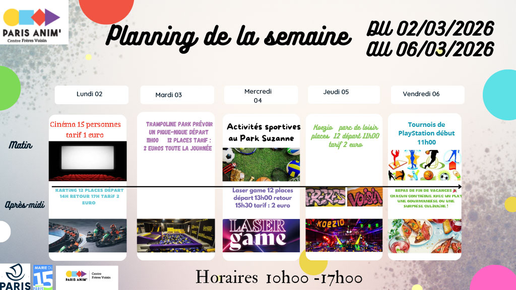 Activités pour adolescents au centre Frères Voisin PARIS ANIM' 15 pour les vacances d'hiver du 2 au 6 mars 2026
