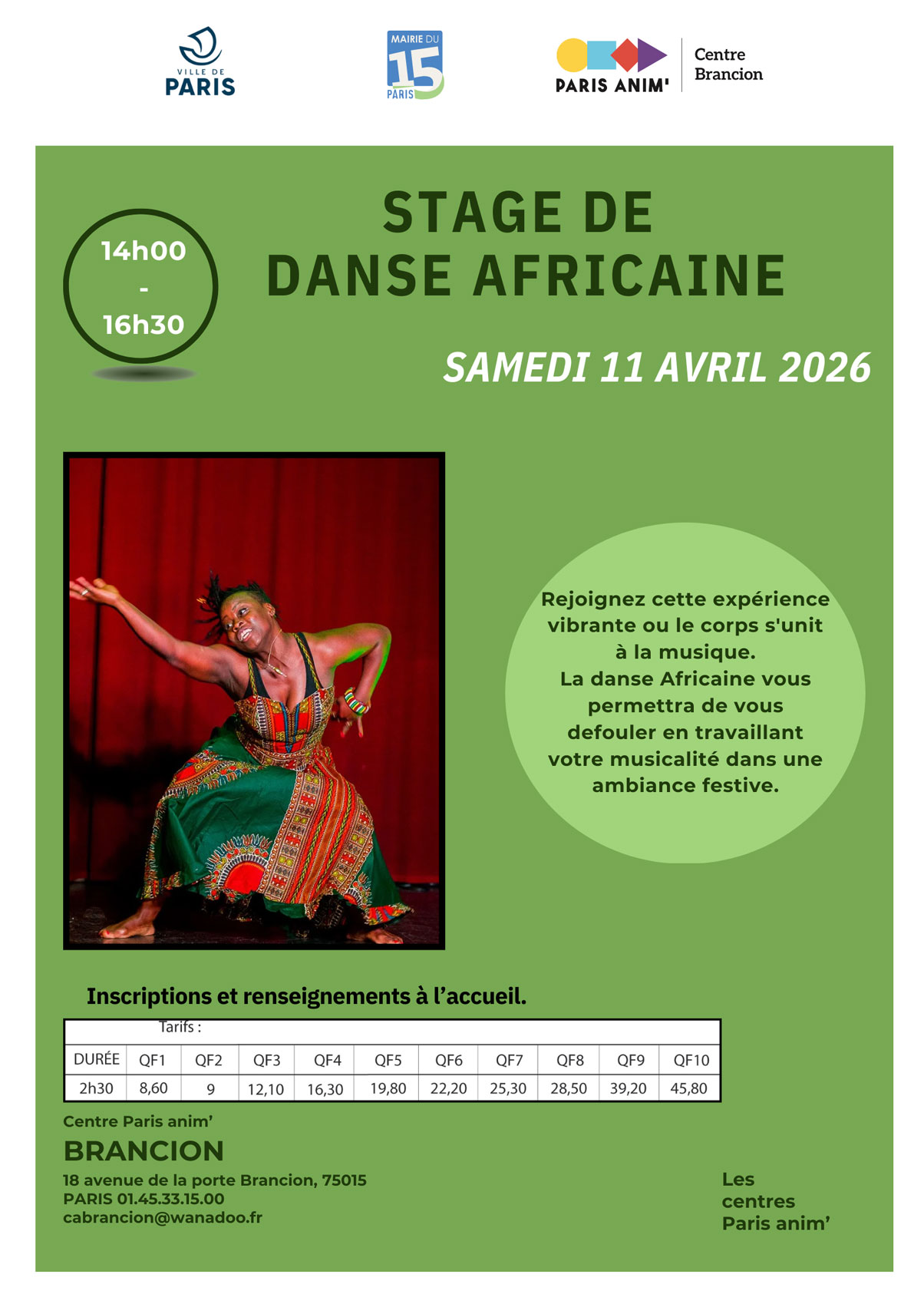 Stage de danse africaine pour les adultes au centre Brancion Paris 15 le 11 avril 2026