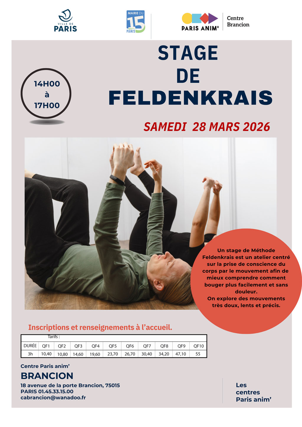 Stage de méthode Feldenkrais pour les adultes au centre Brancion Paris 15 le 28 mars 2026