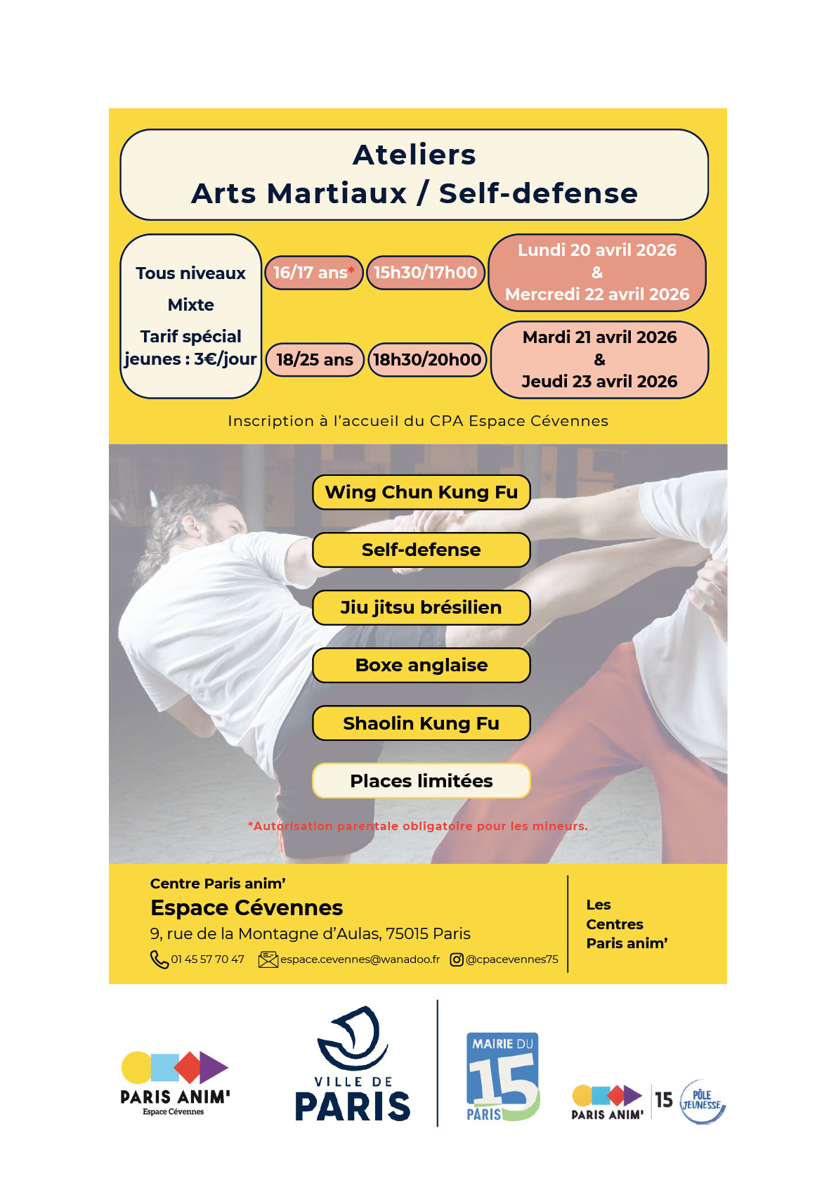 Stages d'arts martiaux self defense pour les jeunes 16-25 ans au centre Espace Cévennes PARIS ANIM' 15 pour les vacances de Pâques 2026