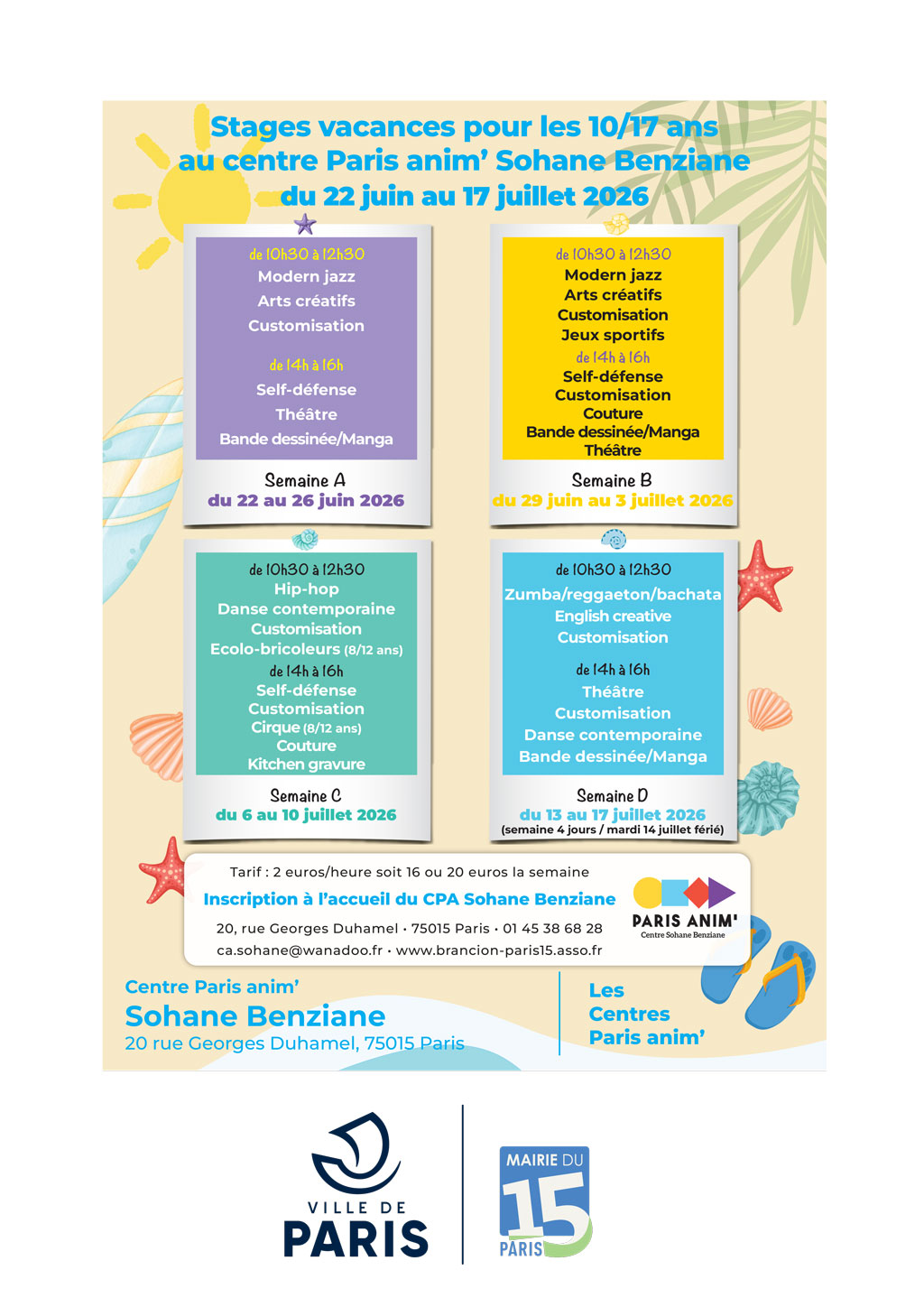 stages-ados-ete-2026-centre-Sohane-Benziane-ABCD Stages pour adolescents au centre Sohane Benziane PARIS ANIM' 15 pour les vacances d'été 2026 - customisation, théâtre, bande dessinée manga, ecolo-bricoleur, english creative, danse contemporaine, cirque, self-defense, zumba, modern jazz... Semaine A, B, C, D