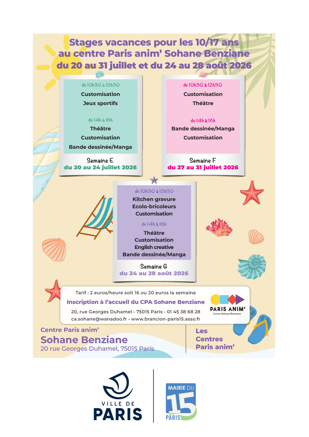 stages-ados-ete-2026-centre-Sohane-Benziane-EFG Stages pour adolescents au centre Sohane Benziane PARIS ANIM' 15 pour les vacances d'été 2026 - customisation, théâtre, bande dessinée manga, ecolo-bricoleur, english creative... Semaine E, F, G