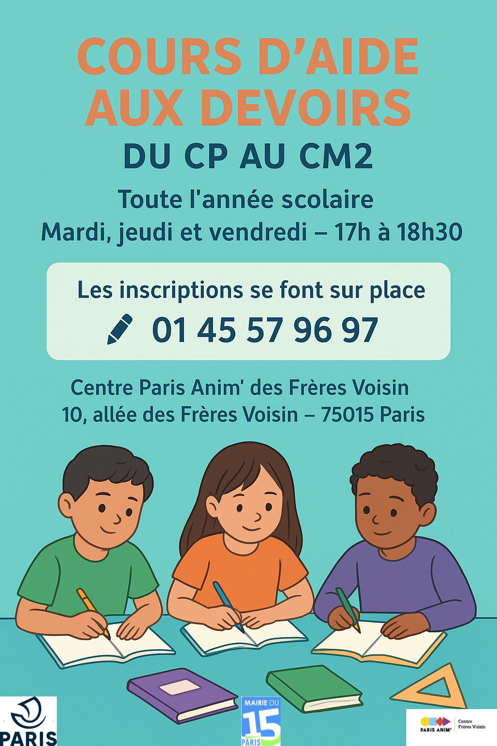 Aide aux devoirs au centre Frères Voisin Paris 15