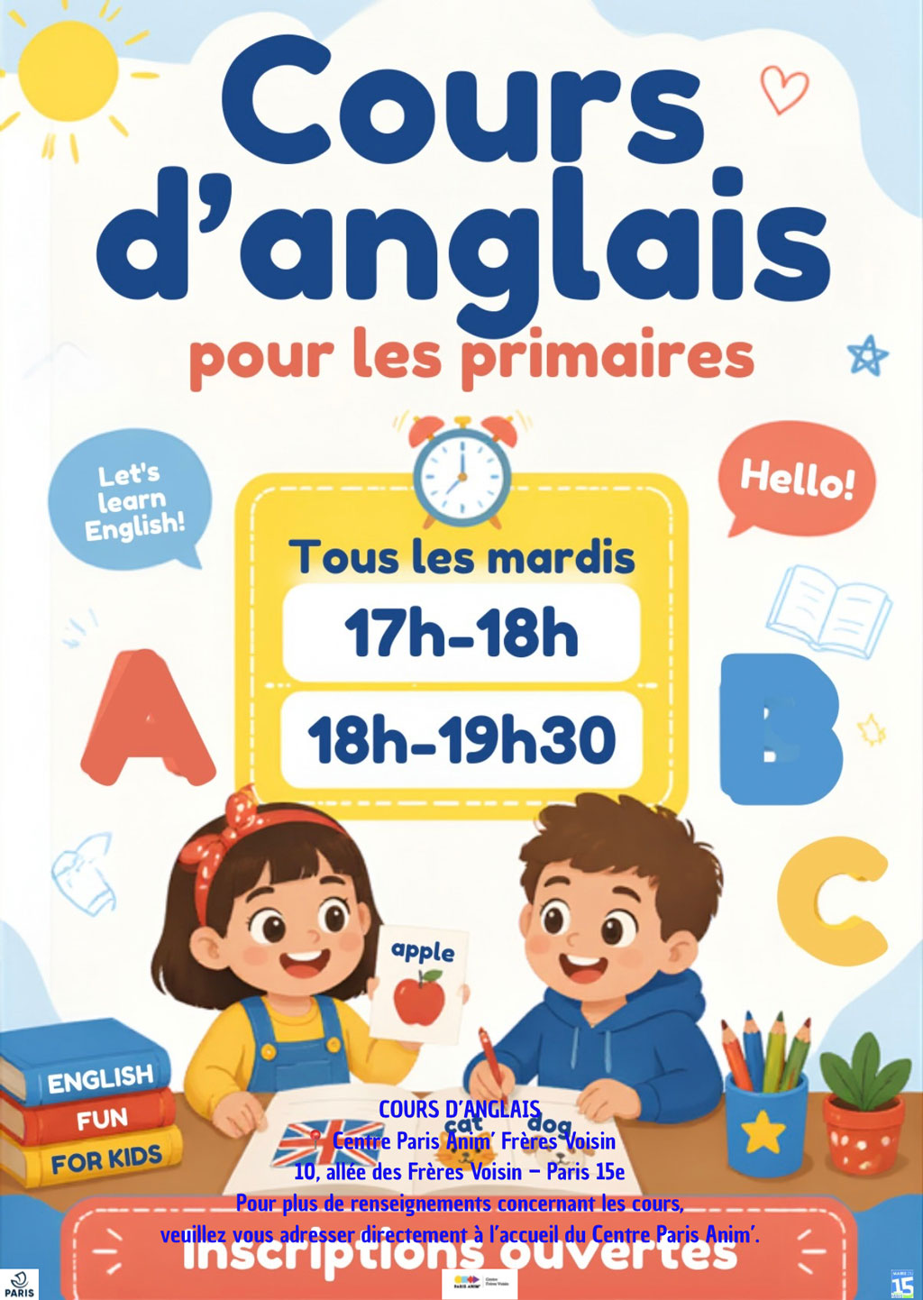 Cours d'anglais au centre Frères Voisin Paris 15