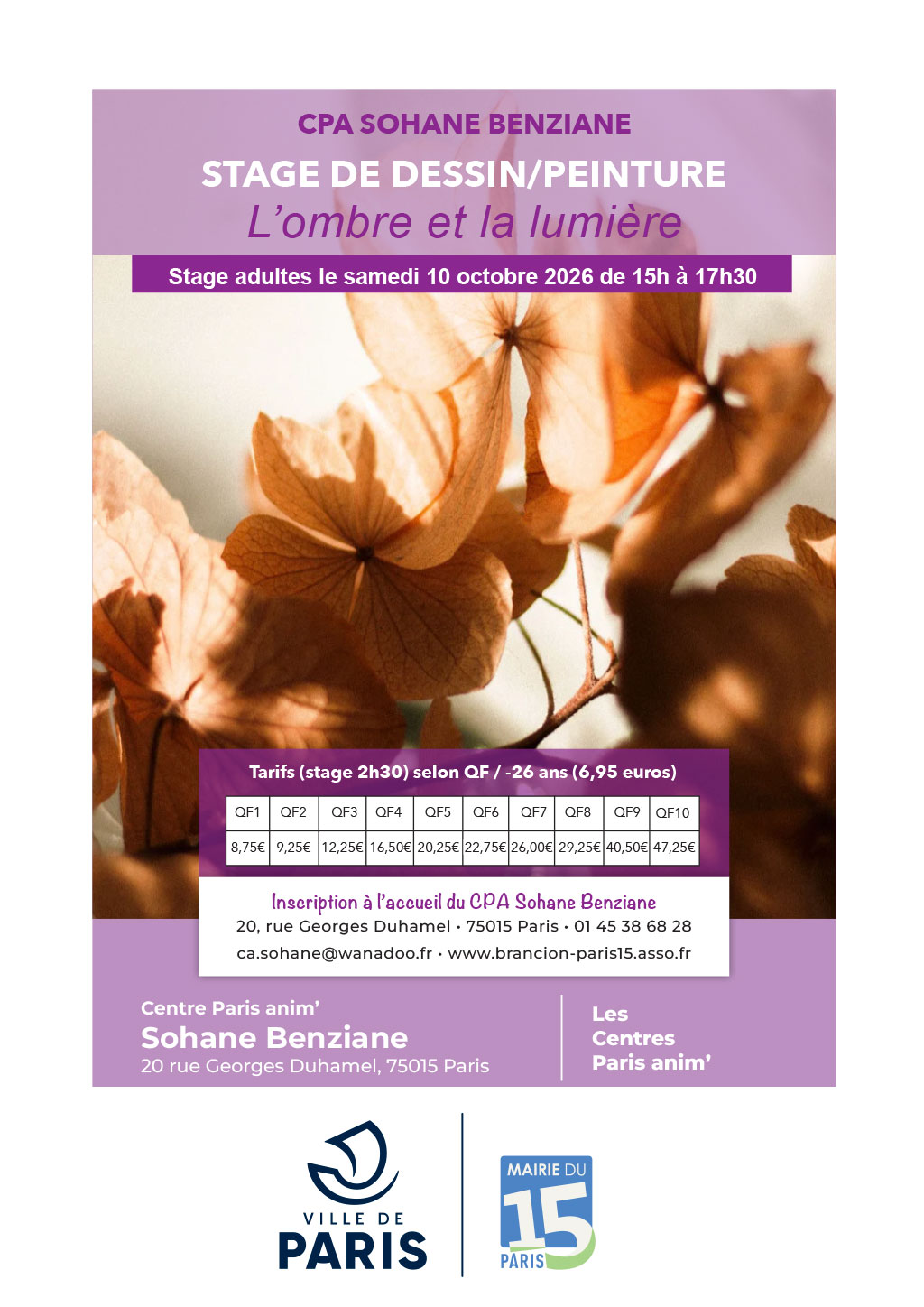 Stages pour adultes au centre Sohane Benziane PARIS ANIM' 15 le samedi 10 octobre 2026