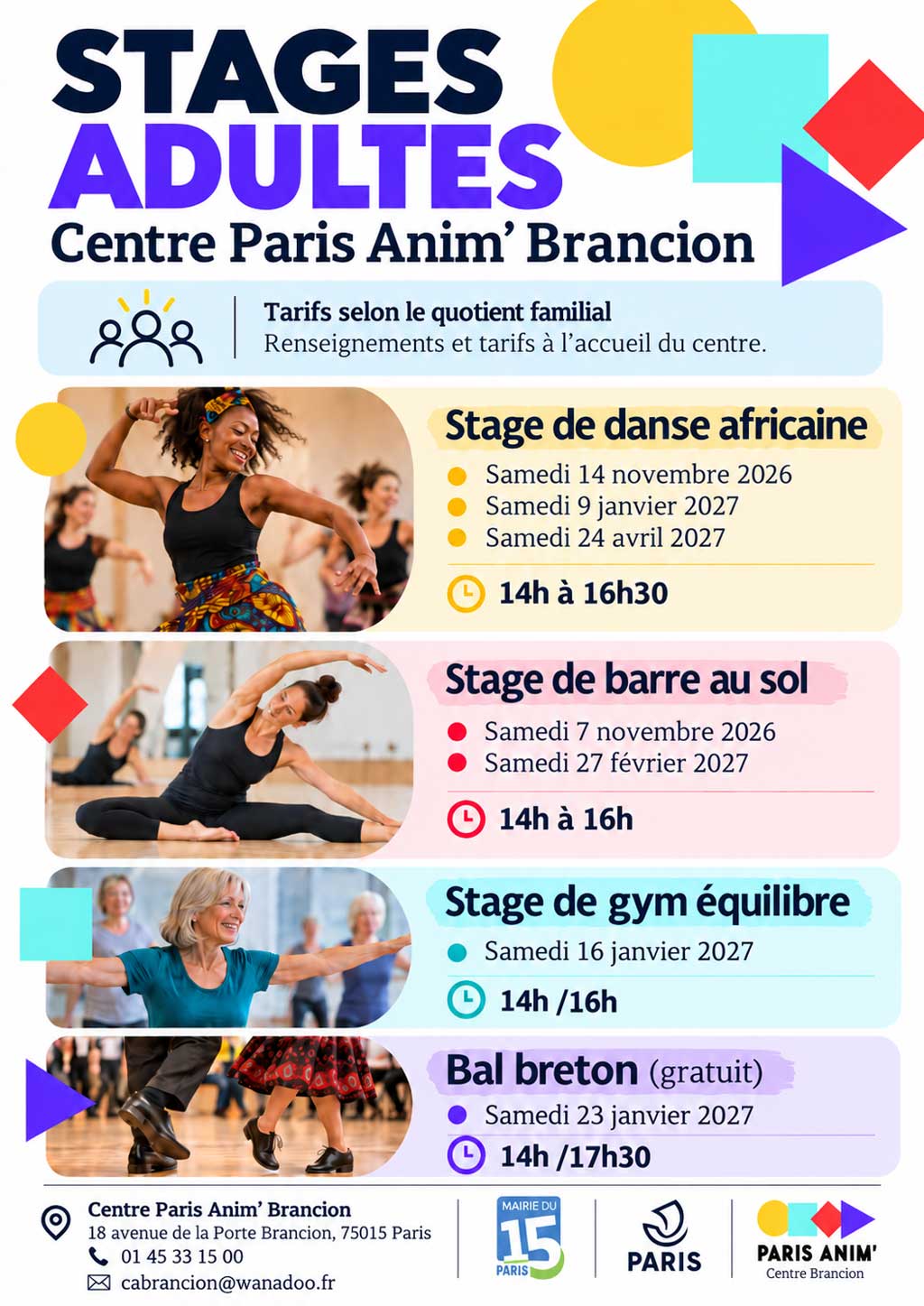 Stages pour adultes au centre Brancion PARIS ANIM' 15 saison 2026-2027